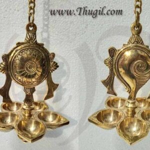 2 Shanku Chakra Brass Diya Hanging Lamps 10" + Chain