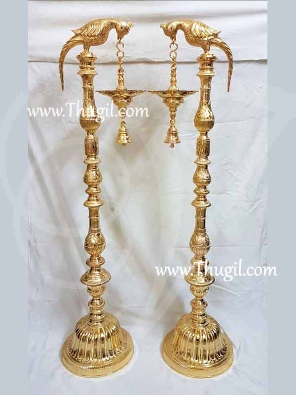 3 feet Brass Parrot with Hanging Diya with Bell