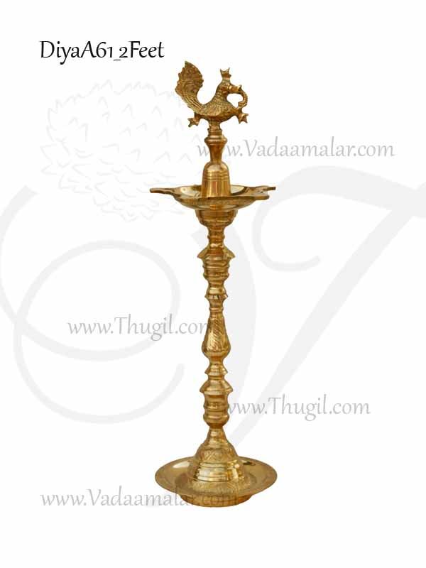 24" / 2 feet Peacock Standing Brass Lamp Vilakku Deepam Diyas