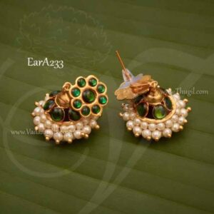 Green Kemp Stones and Pearl Jhumkis Jhumka Traditional South India Earrings