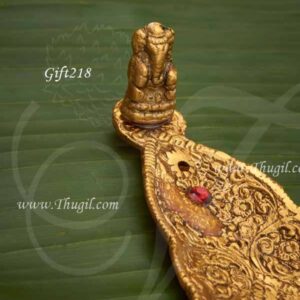 Hand Carved Gold Metal Lord Ganesha Incense Stick Holder 8.5 inches