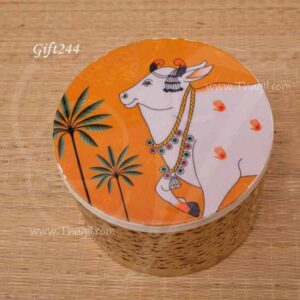 Round Box Cow Pichwai Print Return Gift Hamper 6 inches