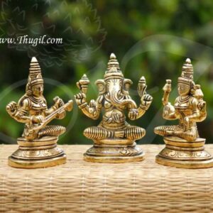Lord Ganesha Goddesses Lakshmi Saraswati Brass Statue Idols Buy Now 3.5 Inch