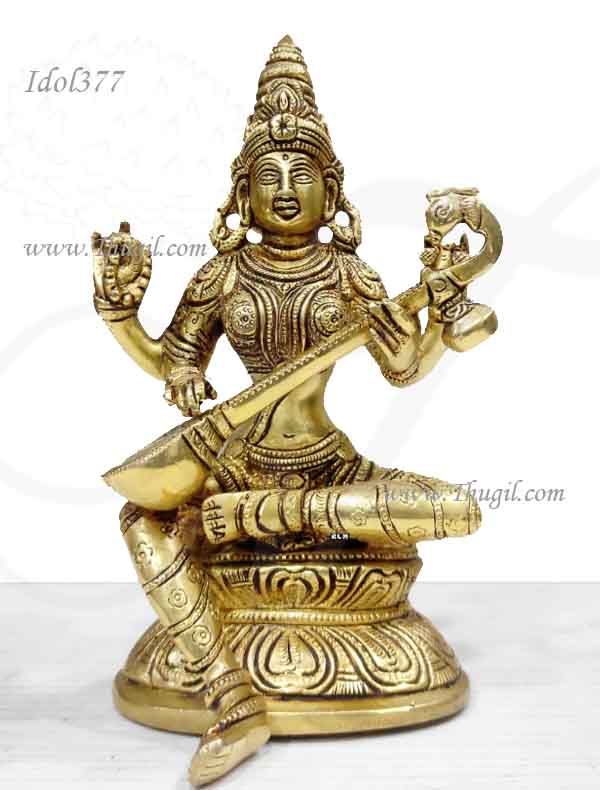 Saraswathi Brass Statue Veena Goddess of Learning 7.5 inches