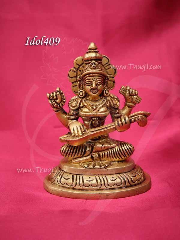 Saraswathi Brass Statue Veena Goddess of Learning 4 Inches