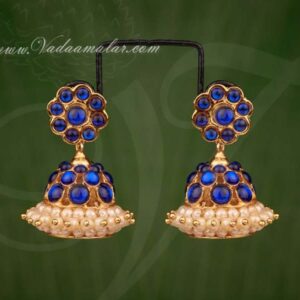 Blue Kemp Stone with Pearl Jhumkis Traditional South India Earrings