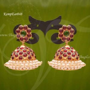Red Kemp Stone with Pearl Jhumkis Traditional South India Earrings
