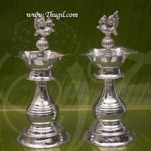 German Silver Peacock Diya Lamp Puja 7 inches