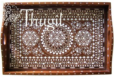 Wooden Inlaid Serving Tray Handmade From India 18 inches