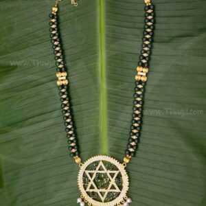 White with Green Stone Pendant and Beads Long Necklace Temple Jewellery Decoration 13.5 inches