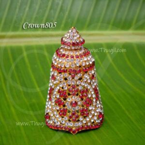 Kireedam White Maroon Stones Small for Statues Deity Full Crown 3 Inches