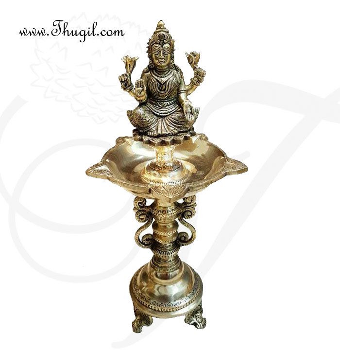13" Goddess Lakshmi Sitting Posture Brass Diya Vilakku Deepam Diyas