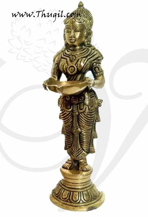 Paavai Vilakku Standing Lady with Lamp Brass Diya 9.5 inch