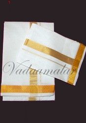 Traditional Indian Pure White Cotton Dothi Dhoti & Ankavastaram with gold border