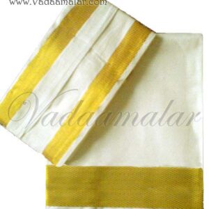 Indian Cream Half-White Cotton Dothi Dhoti & Ankavastaram Set with gold border