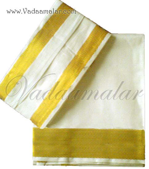 Indian Cream Half-White Cotton Dothi Dhoti & Ankavastaram Set with gold border