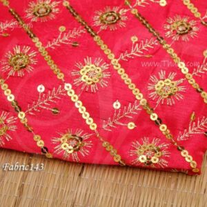 Brocade Fabric Red and Gold Floral Design Gold Chamki