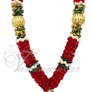 Red And Green Artificial Flower Garland with Beads for Deities-3pieces