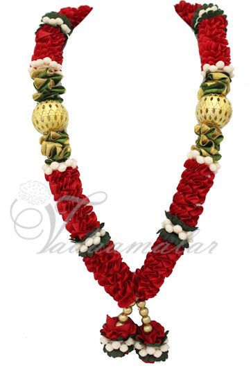 Red And Green Artificial Flower Garland with Beads for Deities-3pieces