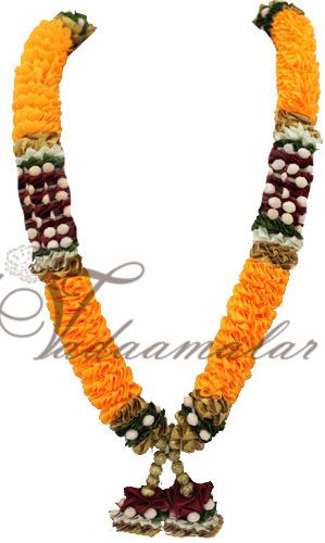 Garlands artificial Flower Yellow and Maroon Synthetic Cloth With Beads mala- small size.3 mala.