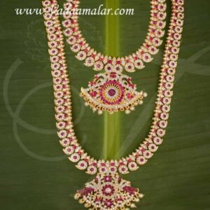 Haaram White with Pink 2 Step Necklace For Hindu Idol Ornaments Buy Now 12 Inches