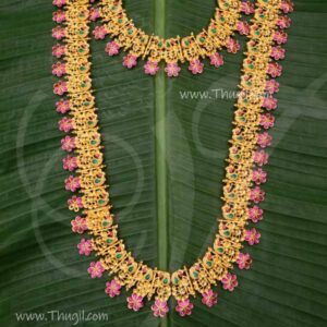 Haram Pink with Green Colour Stone 2 Step Necklace For Hindu Idol Ornament 12 inches