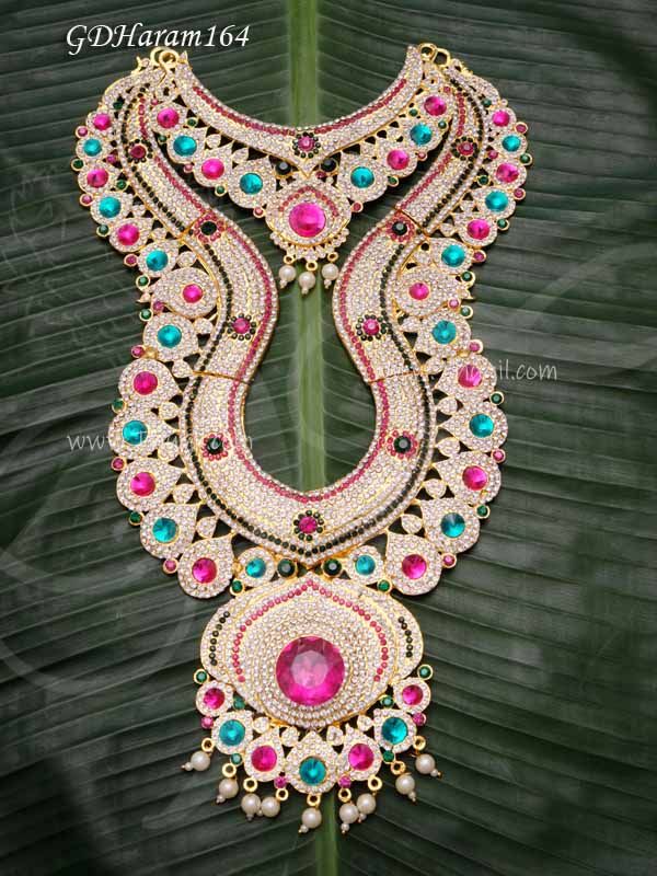 Haaram Multi Colour 2 Step Necklace For Hindu Idol Ornaments 14 inches