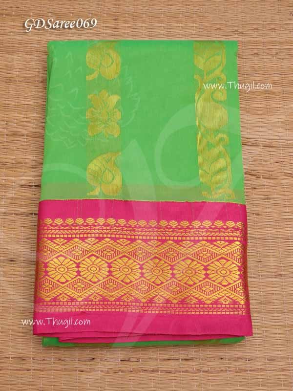 Green Saree For Amman Devi Durga Pink Border Deity Poly Cotton 6 Meters