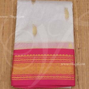 White Saree For Amman Devi Durga Sari Pink Border Deity Dress 6 Meters