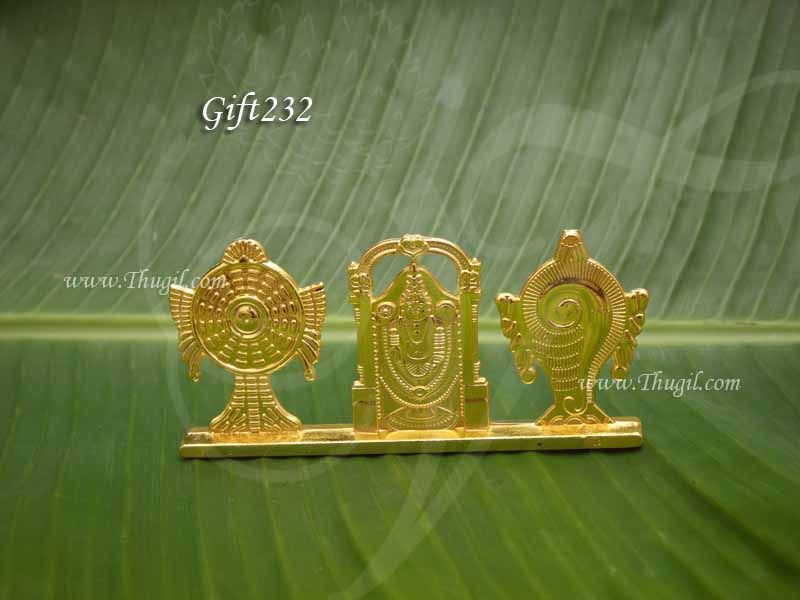 Gold Polish Tirupati Balaji Shanku Chakram with Metal Stand 3.8 inches