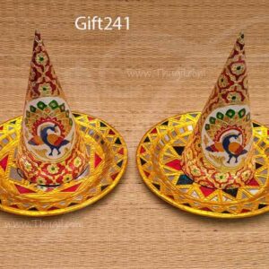 Tanjore Art style Parupu Cone and Plate Set for Weddings Suswaad Paruppu Thengai Seer 8.5 inches