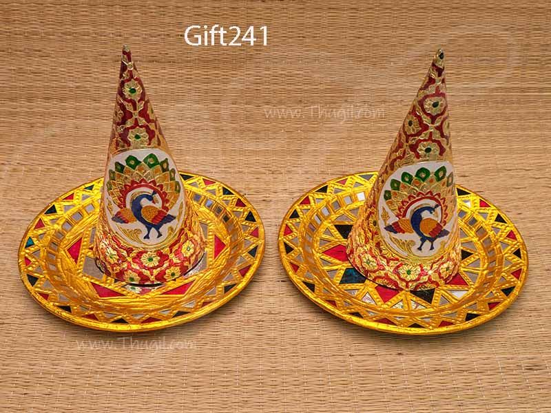 Tanjore Art style Parupu Cone and Plate Set for Weddings Suswaad Paruppu Thengai Seer 8.5 inches