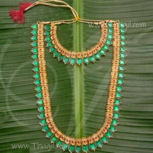 Haram Green Enamel with Maroon Colour Stone 2 Step Necklace For Hindu Idol Ornament 12 inches