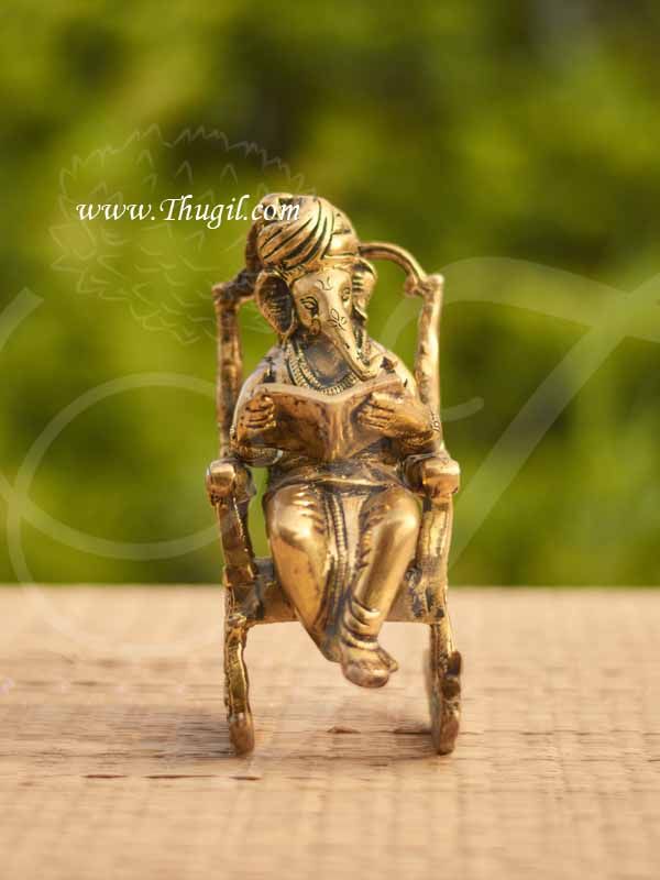 Brass Ganesha Sitting On Rocking Chair Statue 6.5"