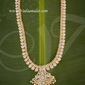 Long Haaram For Hindu Deity Jewelry White Stones Necklace 12 inches