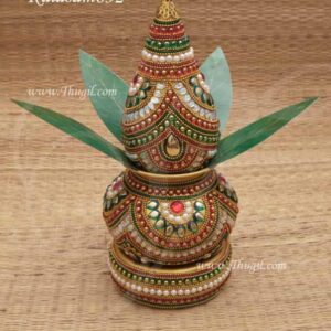 Stainless Steel Stone Work Decorative Pooja Kalasam Sombu With Decorated Coconut 9.5 Inches