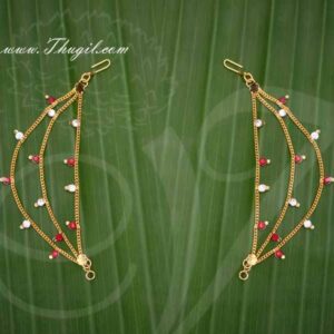 Mattal White With Maroon Stones Chain Extension 3 Step Ear to Hair Chain For Amman Buy Now