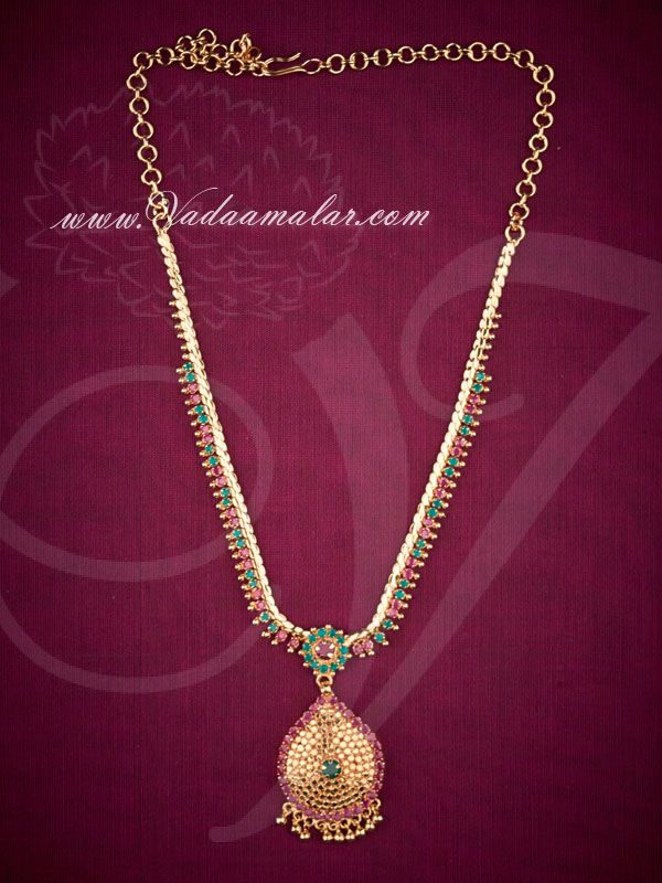 Gold Plated Ruby Emerald Stone Pendant With Short Necklace
