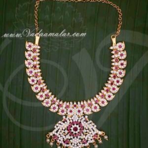 6 inches Mango Design Short Necklace Hindu Idols Pink White Stones