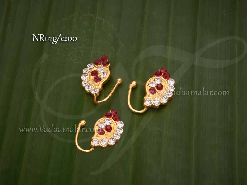 Goddess Nose Pin Nath White and Maroon Stones 3 pieces 0.4 inch