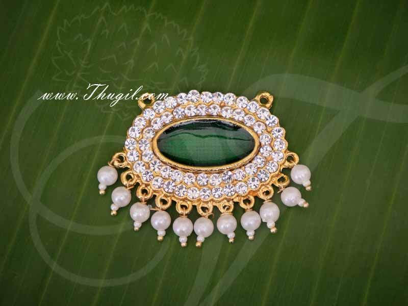 Pathakam White Stone Green Enamel Oval Design Hindu God Chest Jewellery 1.5 inches