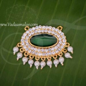 Small Pendent White with Green Stone Enamel Oval Pathakam Hindu Deity Width : 2 inches