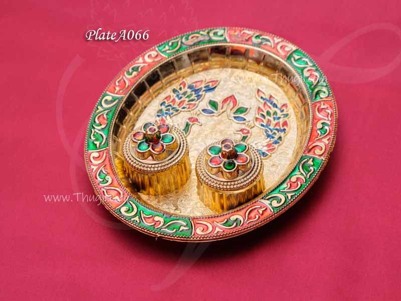 Peacock Design Enamel Stone Chandan Kumkum Holder Return Gift 5.8 Inches