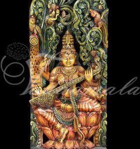 Beautiful Goddess Saraswathi Carvings Traditional stage screen Prints decorations India festival cultural gatherings