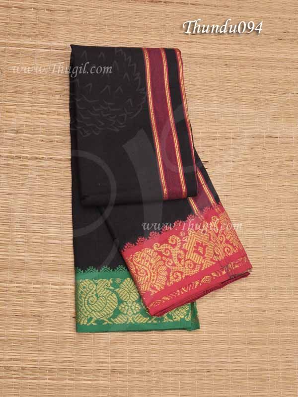 Peacock Design Red with Green Border Black Cotton Angavastram Iyappan Thundu