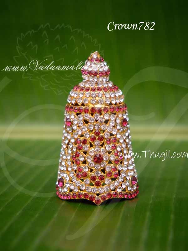 Kireedam White with Maroon Stones Small Crown for Statues Deity Full Crown 3 Inches